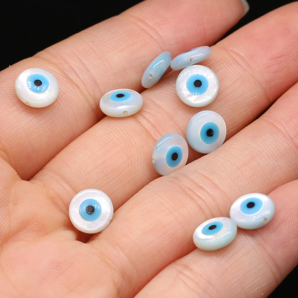 ๐งฟ 4Pcs Natural Sea Shell Evil Eye Charms โ Blue Greek Eye & Mother of Pearl Beads for DIY Jewelry, Bracelets & Necklaces