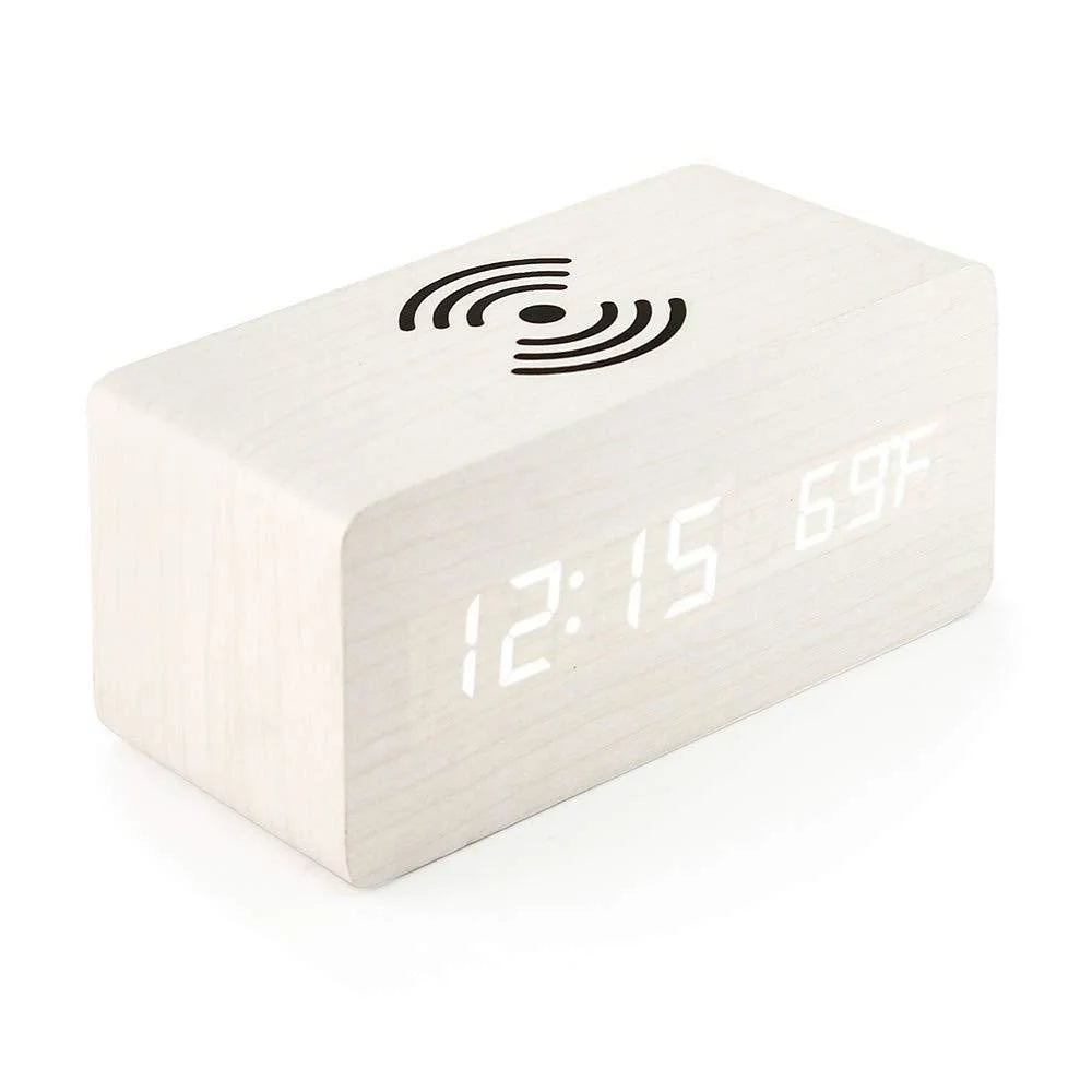 LED Digital Wooden Alarm Clock ā USB/AAA Powered Table Clock with Temperature, Humidity, Wireless Charging for Desk