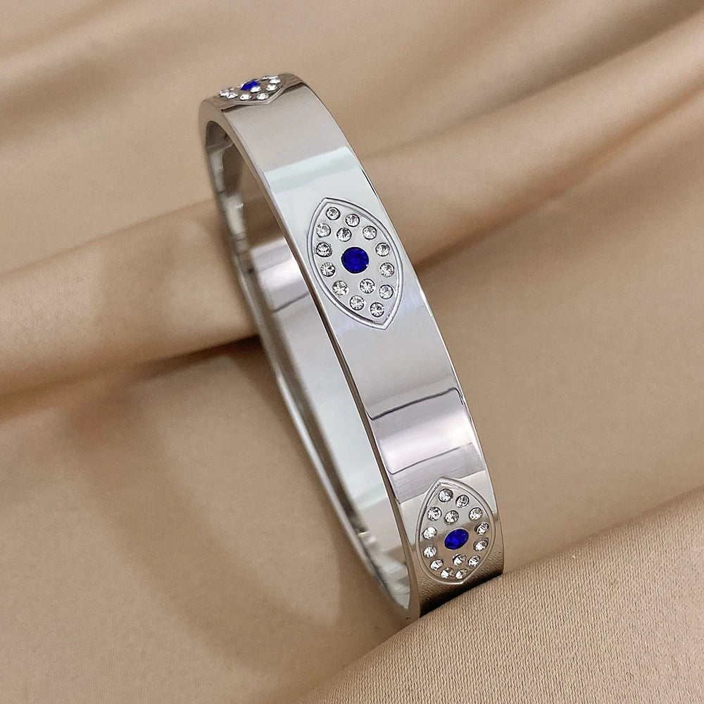 Exquisite Stainless Steel Evil Eye Charm Bracelet with Hollow Design & Rhinestones