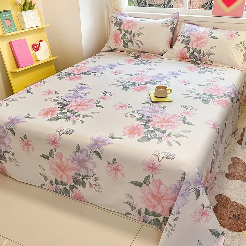 🌸 1-Piece 100% Cotton Flower Print Bed Sheet – Single/Double/Queen/King Size, Kids & Adults Bedding