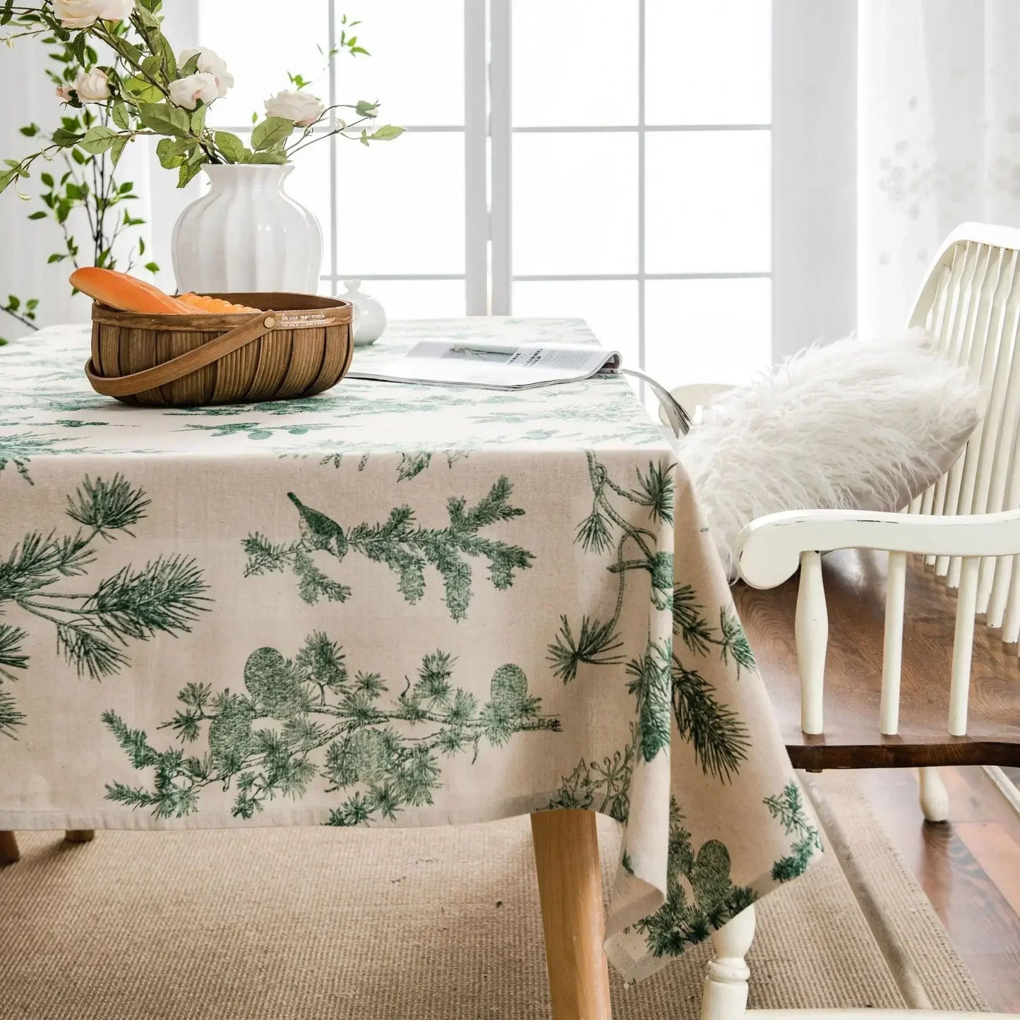 🍃 Cotton Linen Pine Printed Rectangular Tablecloth 🏡 | Handmade Pastoral Style 🌿 | Perfect for Dining, Parties, Weddings & Home Decor ✨