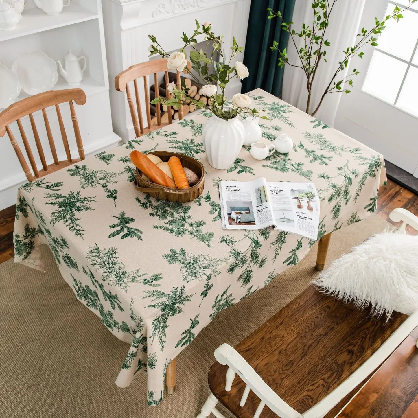 🍃 Cotton Linen Pine Printed Rectangular Tablecloth 🏡 | Handmade Pastoral Style 🌿 | Perfect for Dining, Parties, Weddings & Home Decor ✨