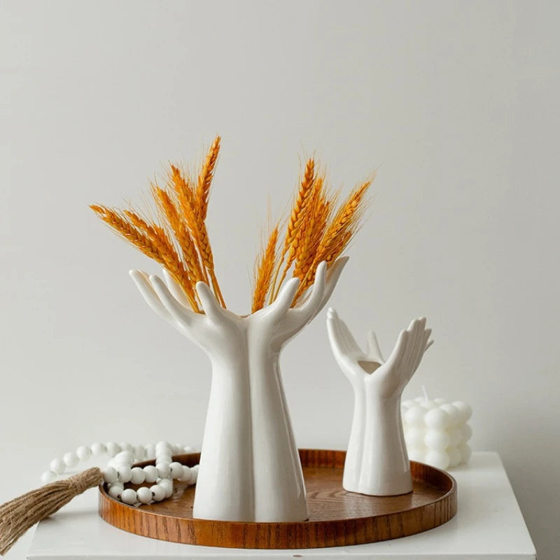 Ceramic Hand-Shaped Flower Vase โ Elegant Porcelain Ornament for Unique Home Decoration