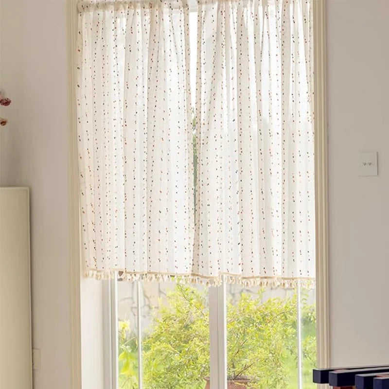 🌈 Tassel Edge Rainbow Ball Linen Curtains 🏡 | Translucent Gauze Drapes for Living Room, Bedroom & Kitchen ✨