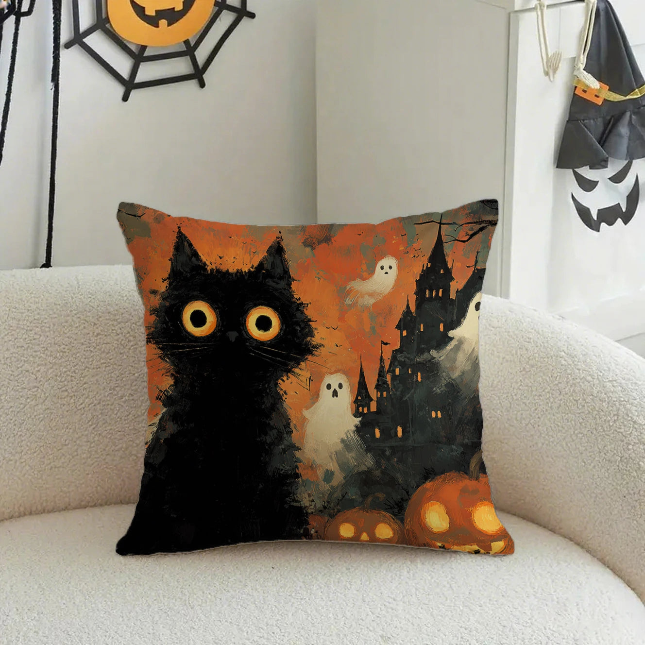 🎃 Halloween Cat Pattern Pillowcase 🐱 | Decorative Cushion Cover for Sofa, Car & Bedroom 🏡