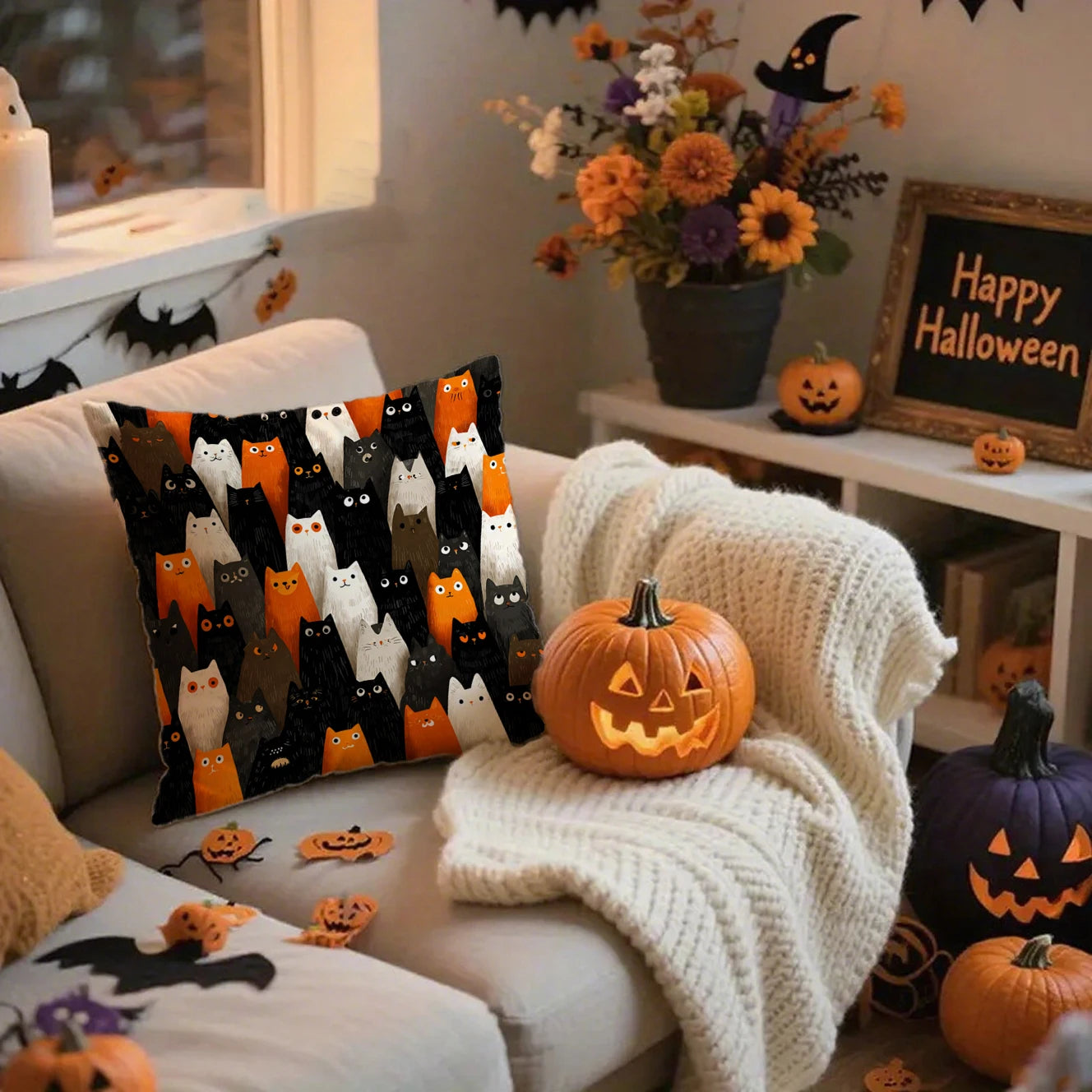 🎃 Halloween Cat Pattern Pillowcase 🐱 | Decorative Cushion Cover for Sofa, Car & Bedroom 🏡