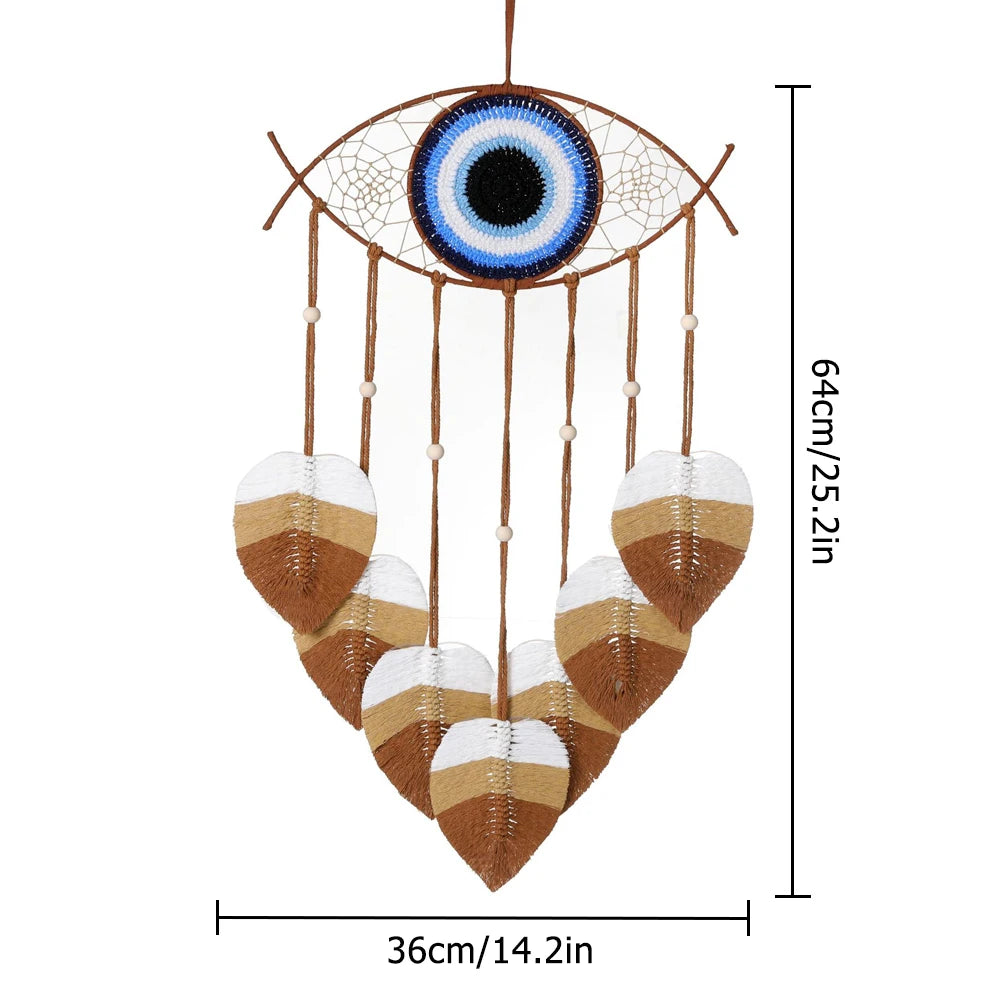 ๐งฟ Blue Evil Eye Dreamcatcher with Macrame Leaves โ Handmade Boho Wall Hanging for Home & Bedroom