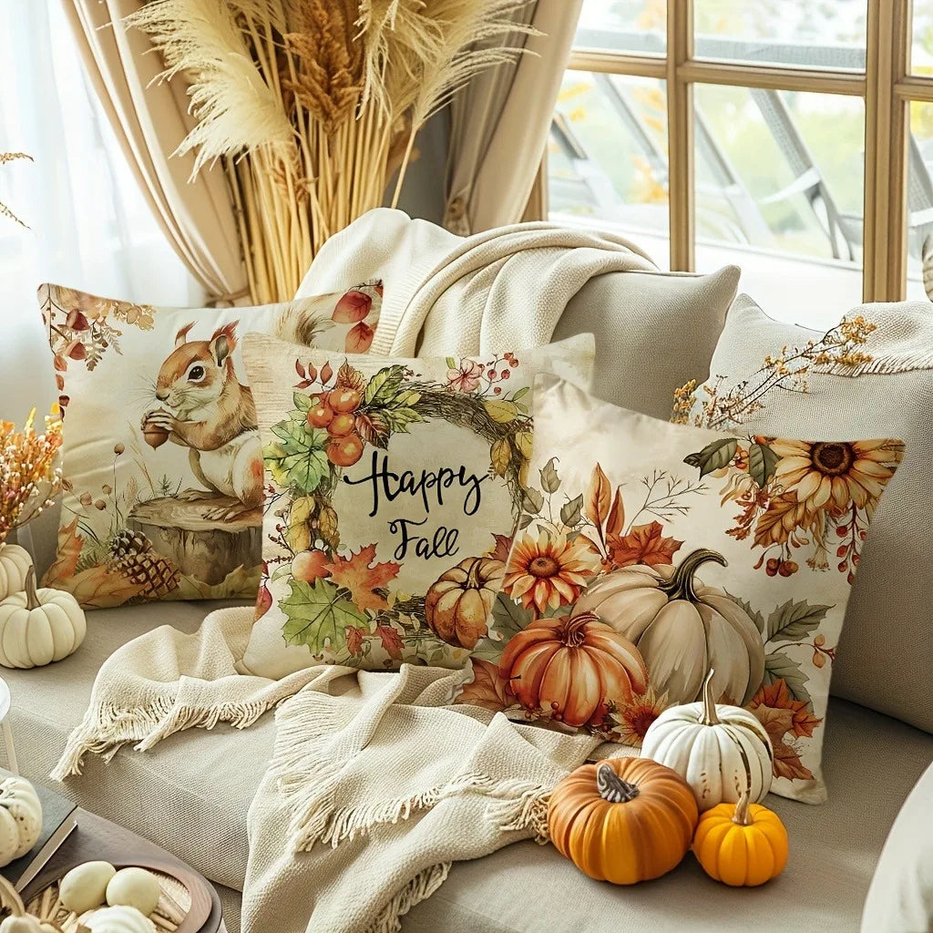 🐿️ Autumn-Themed Squirrel & Pumpkin Pillow Covers 🎃