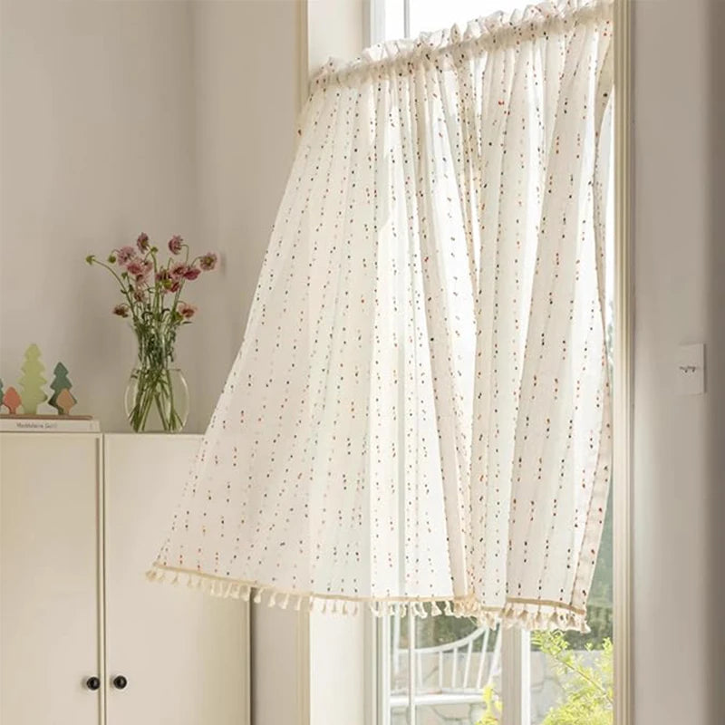 🌈 Tassel Edge Rainbow Ball Linen Curtains 🏡 | Translucent Gauze Drapes for Living Room, Bedroom & Kitchen ✨