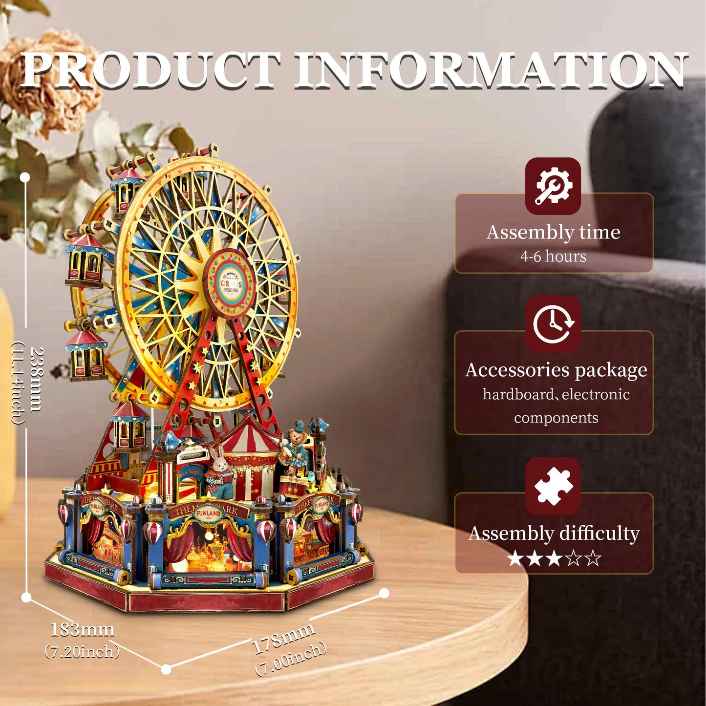 DIY 3D Wooden Miniature Ferris Wheel Music Box Dollhouse Kit with Furniture โ Perfect Gift for Friends