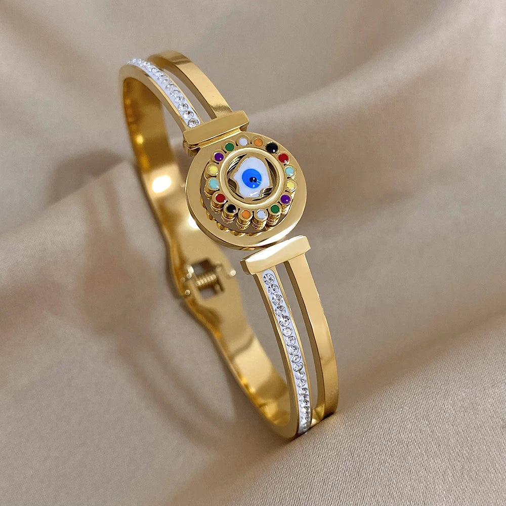 Exquisite Stainless Steel Evil Eye Charm Bracelet with Hollow Design & Rhinestones