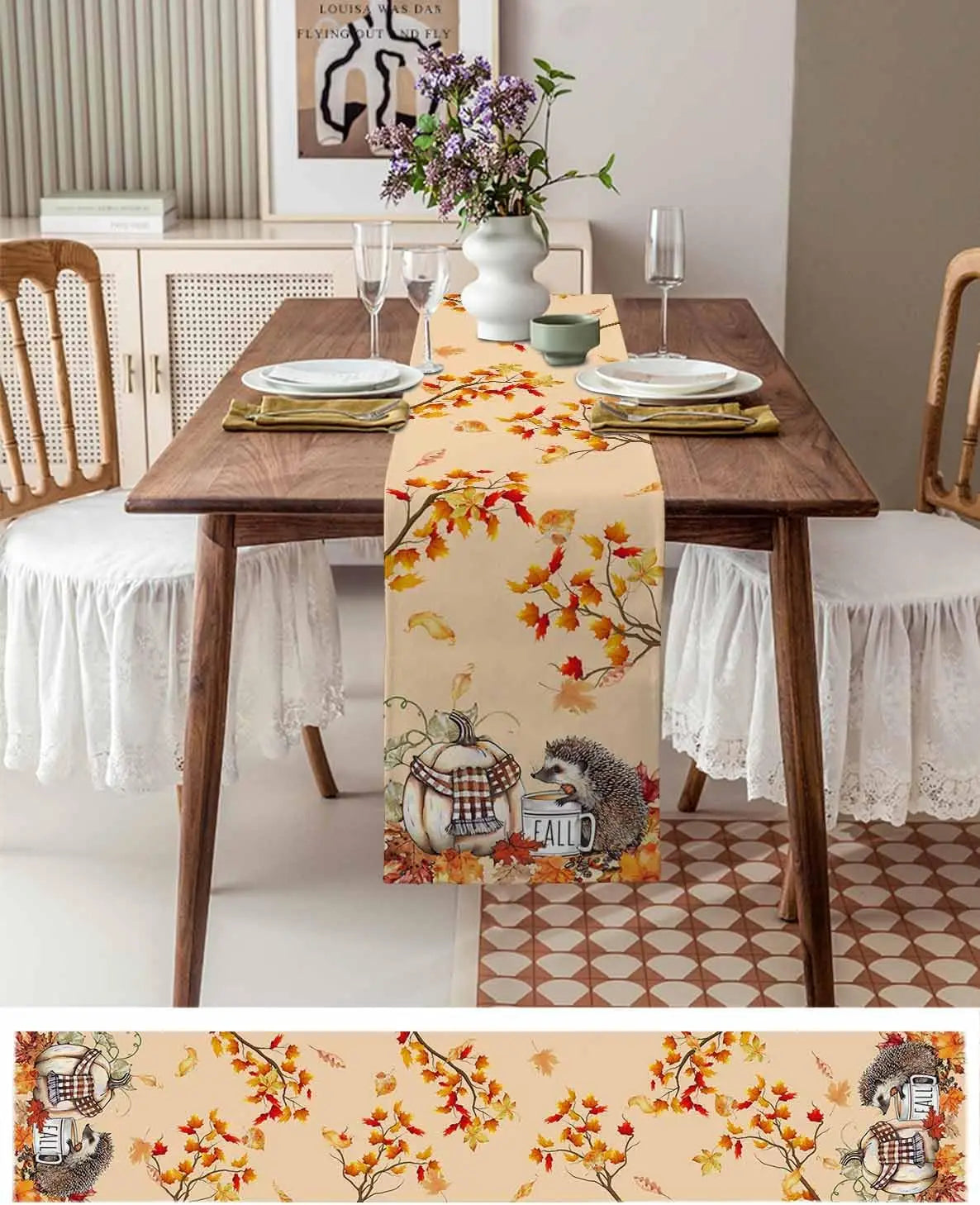 🦔🎃 Festive Fall Linen Table Runner for Thanksgiving 🍁