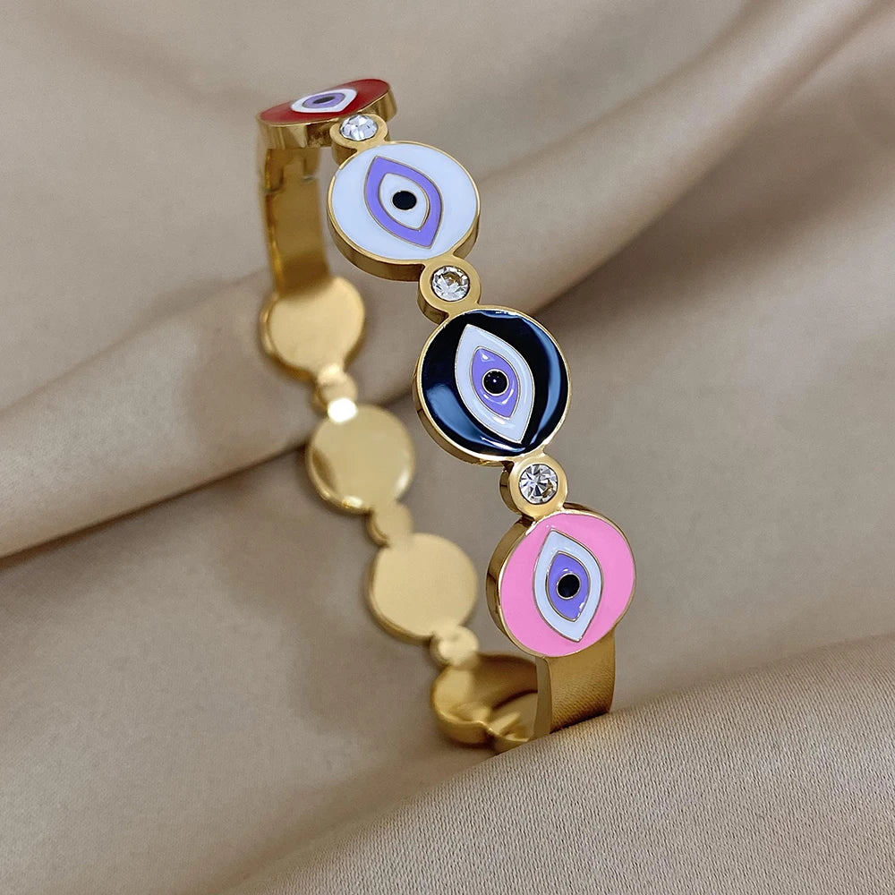 Exquisite Stainless Steel Evil Eye Charm Bracelet with Hollow Design & Rhinestones