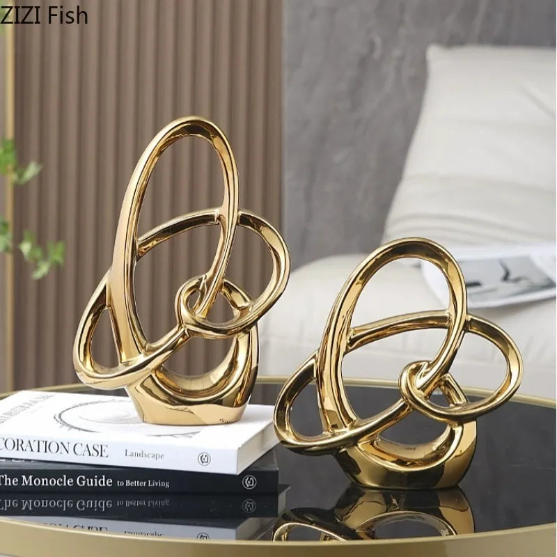 Modern Ceramic Ring Sculpture – Electroplated Decorative Figurine for Home