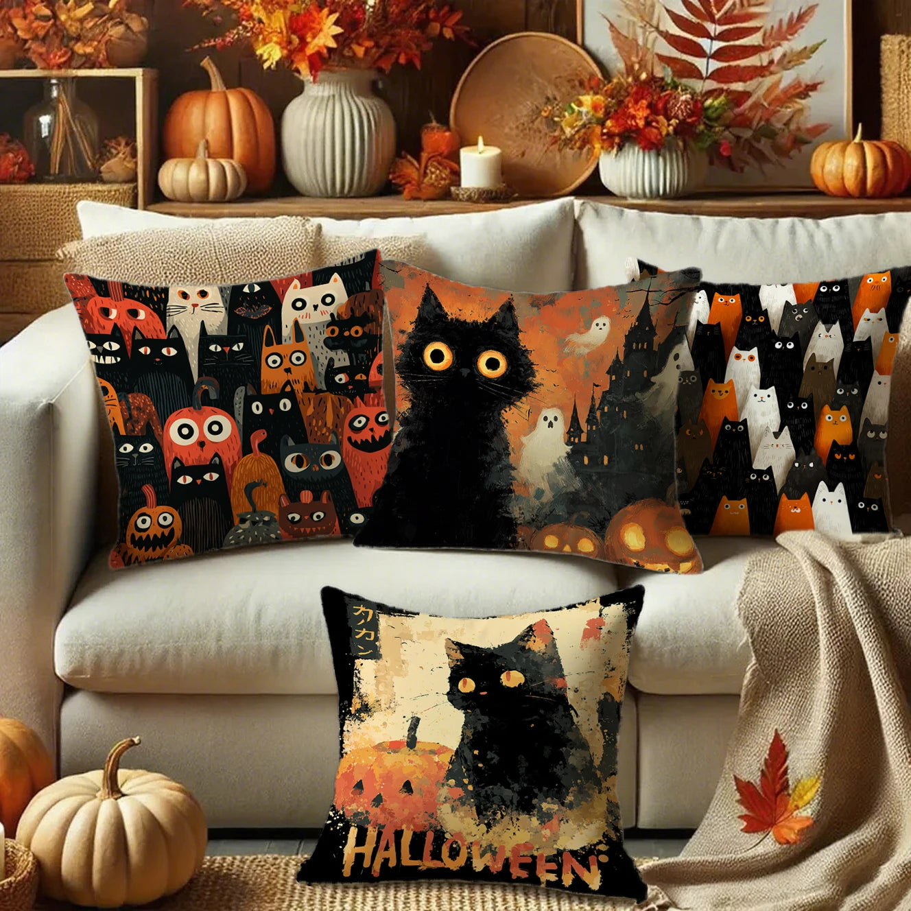 🎃 Halloween Cat Pattern Pillowcase 🐱 | Decorative Cushion Cover for Sofa, Car & Bedroom 🏡