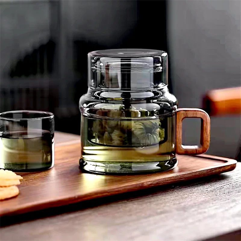 400ml Reusable Heat-Resistant Glass Tea Cup ā With Infuser Filter & Wooden Handle, Office & Flower Tea Mug