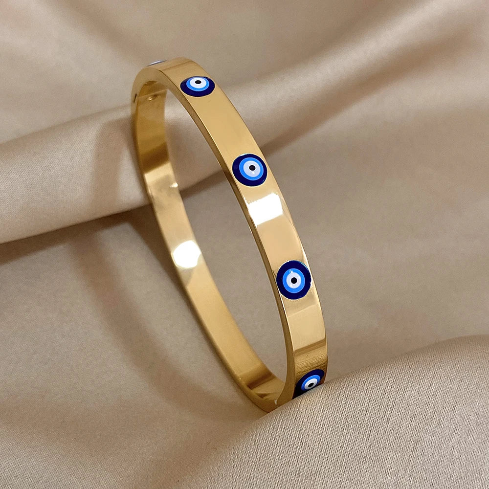 Exquisite Stainless Steel Evil Eye Charm Bracelet with Hollow Design & Rhinestones