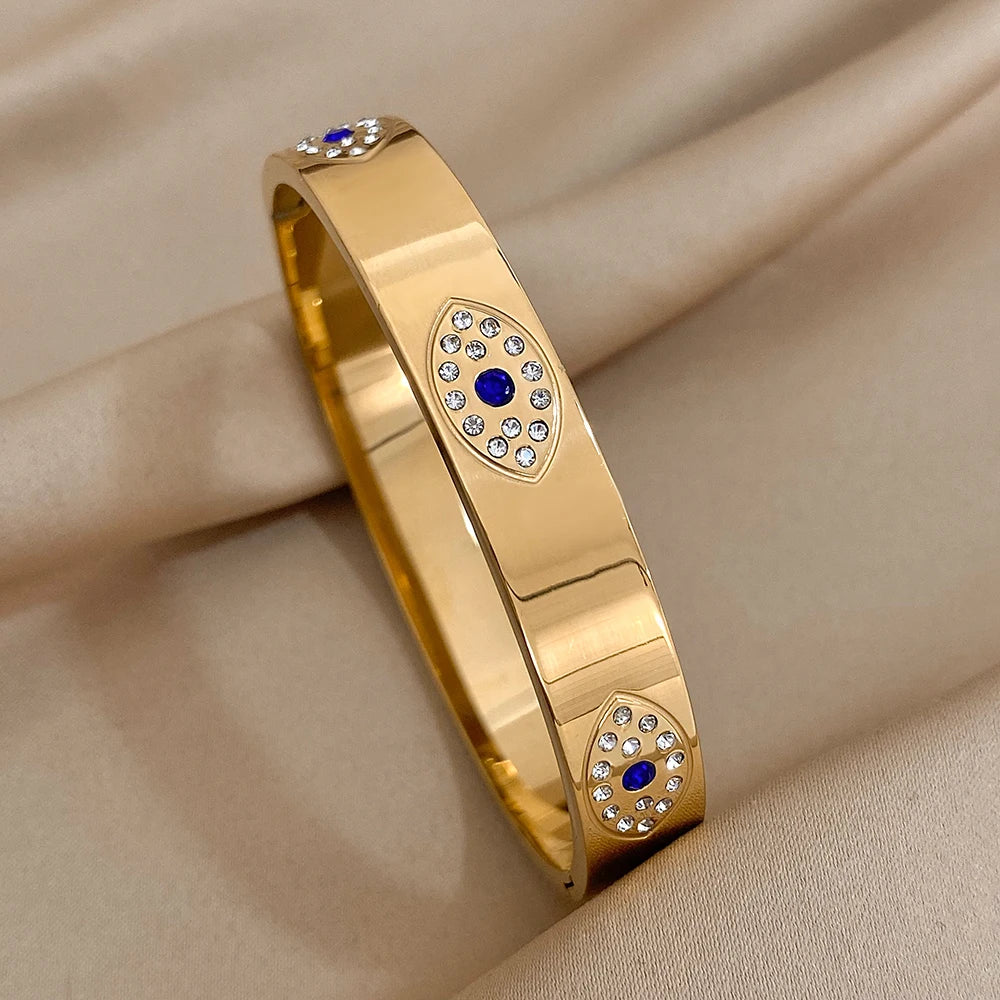 Exquisite Stainless Steel Evil Eye Charm Bracelet with Hollow Design & Rhinestones