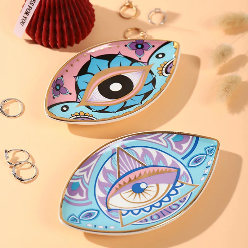 Greek Evil Eye Ceramic Jewelry Tray – Trinket Dish for Rings, Earrings & Necklaces – Decorative Plate for Home Decor