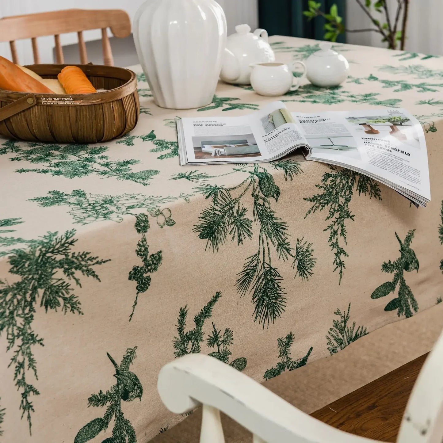 🍃 Cotton Linen Pine Printed Rectangular Tablecloth 🏡 | Handmade Pastoral Style 🌿 | Perfect for Dining, Parties, Weddings & Home Decor ✨