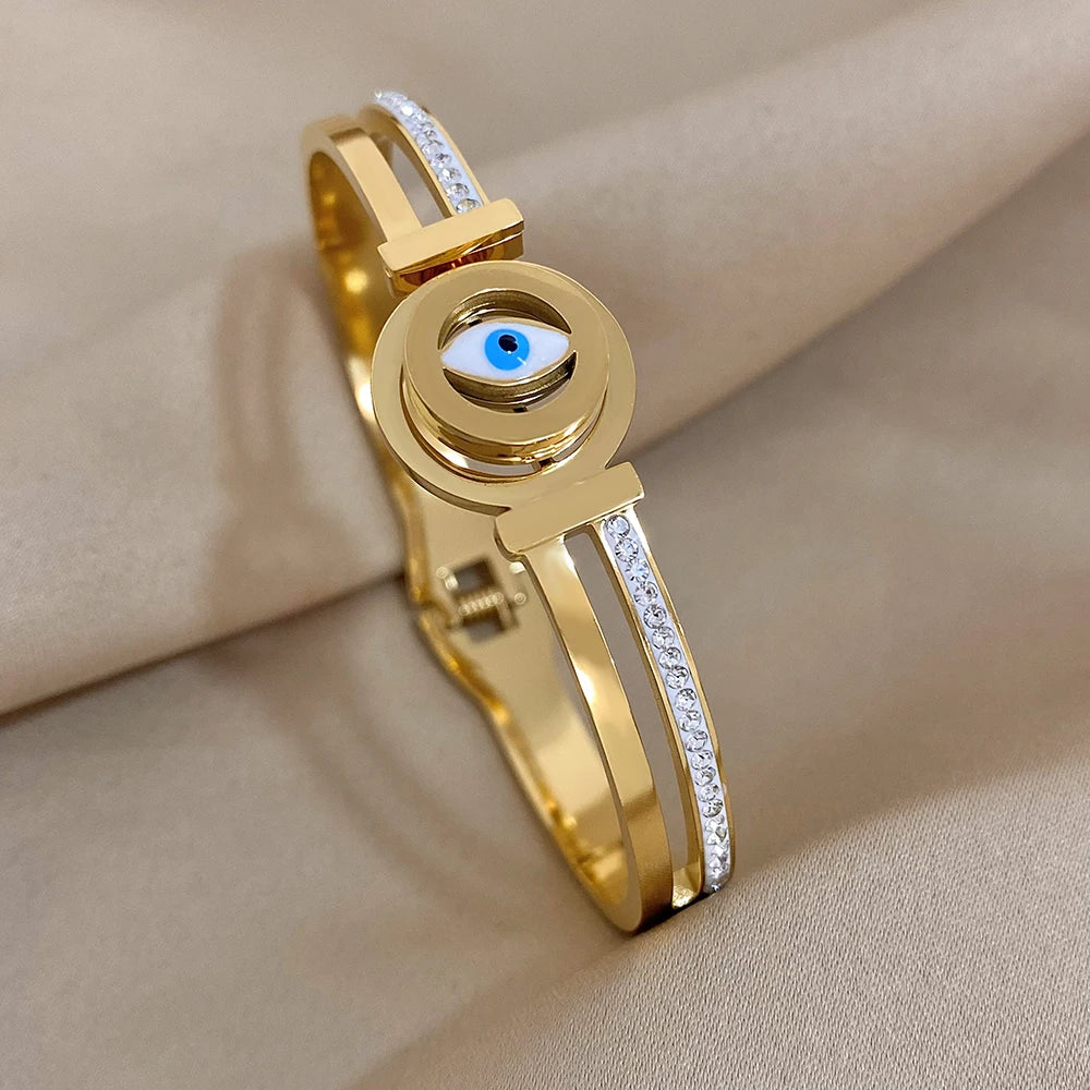 Exquisite Stainless Steel Evil Eye Charm Bracelet with Hollow Design & Rhinestones