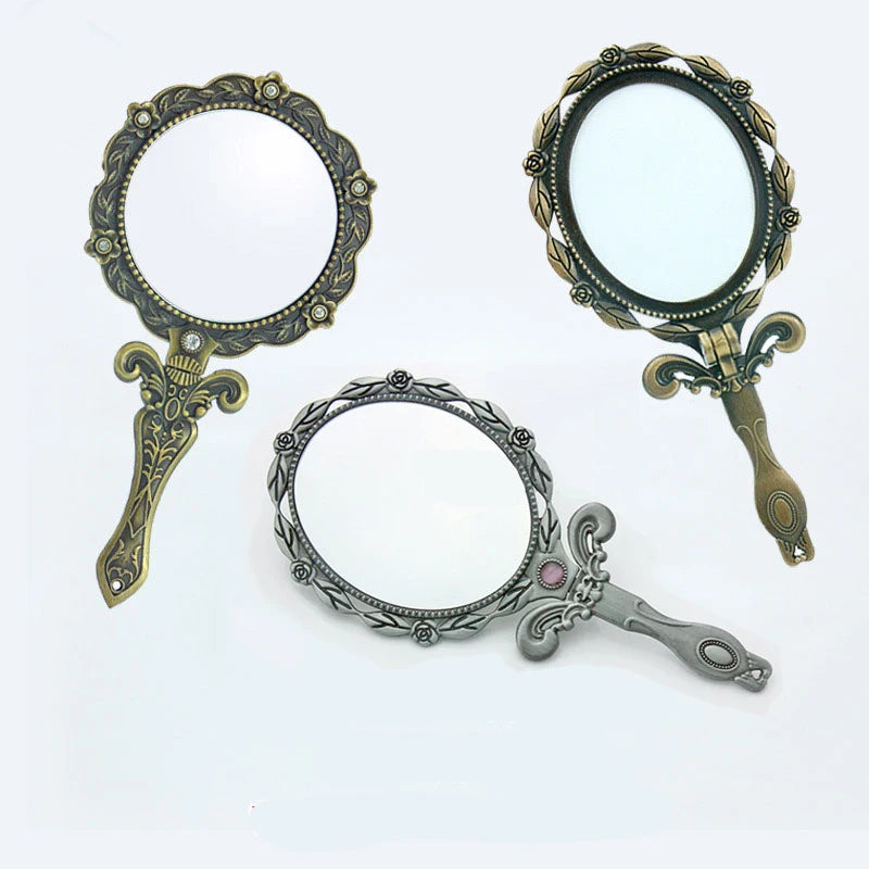 "Vintage Metal Handheld Makeup Mirror – Mini Folding Compact Mirror with Long Handle, Elegant Cosmetic Mirror for Women