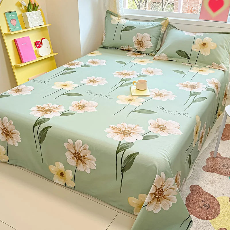 🌸 1-Piece 100% Cotton Flower Print Bed Sheet – Single/Double/Queen/King Size, Kids & Adults Bedding