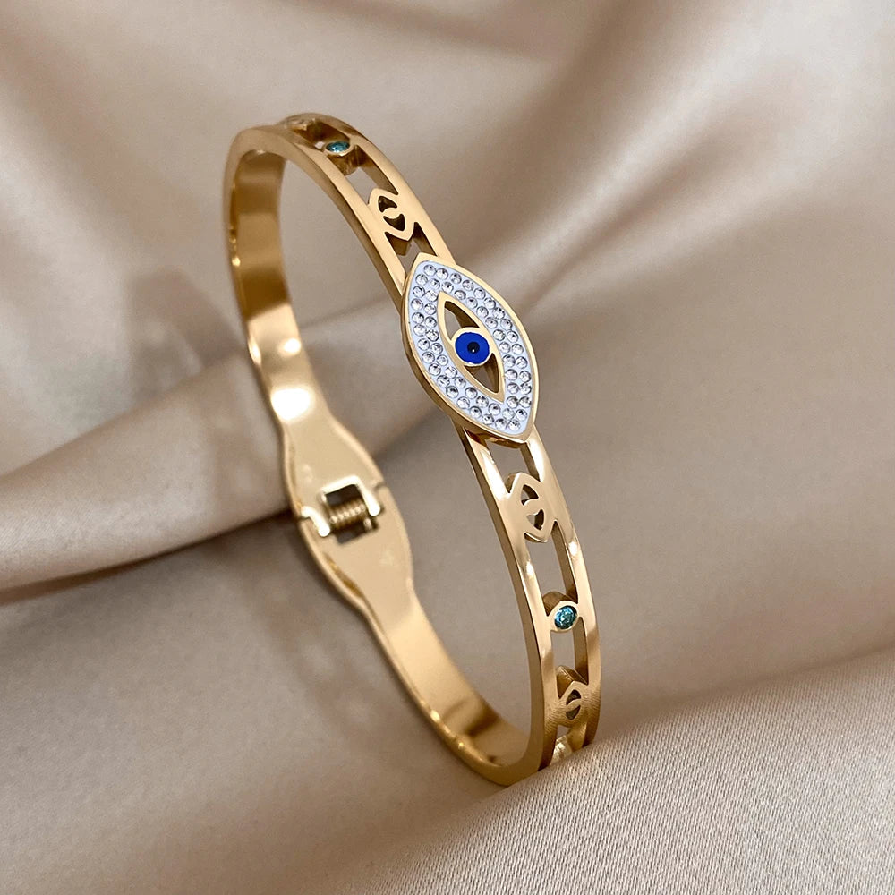 Exquisite Stainless Steel Evil Eye Charm Bracelet with Hollow Design & Rhinestones