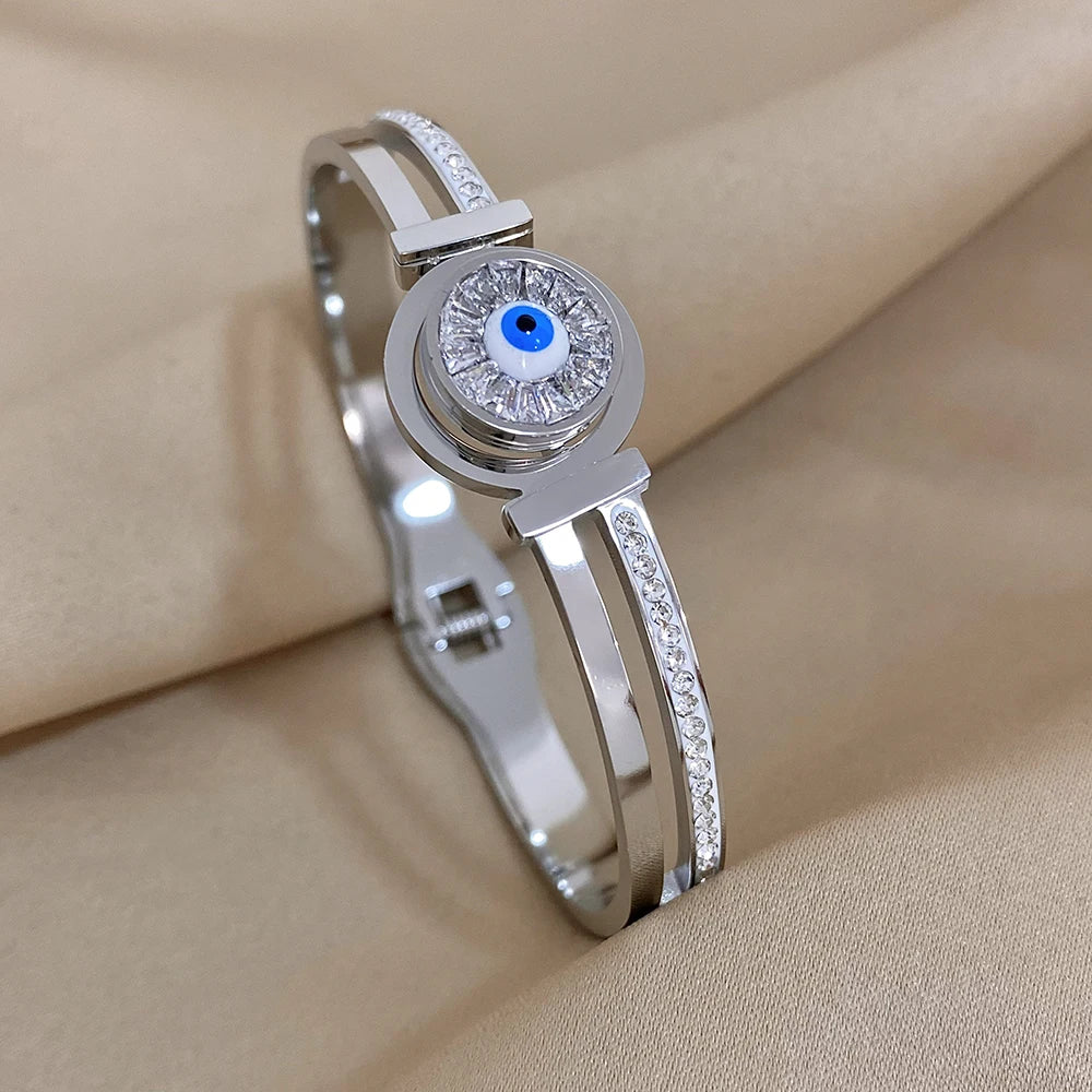 Exquisite Stainless Steel Evil Eye Charm Bracelet with Hollow Design & Rhinestones