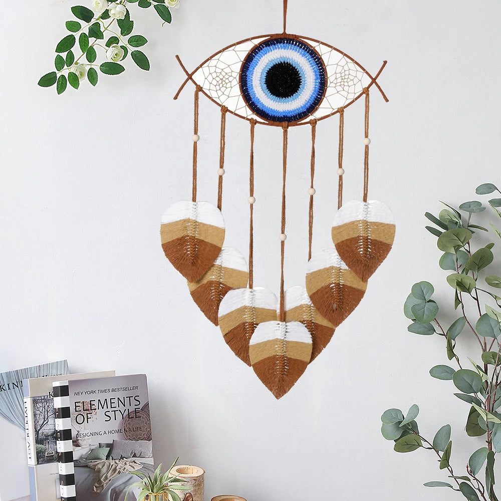 ๐งฟ Blue Evil Eye Dreamcatcher with Macrame Leaves โ Handmade Boho Wall Hanging for Home & Bedroom
