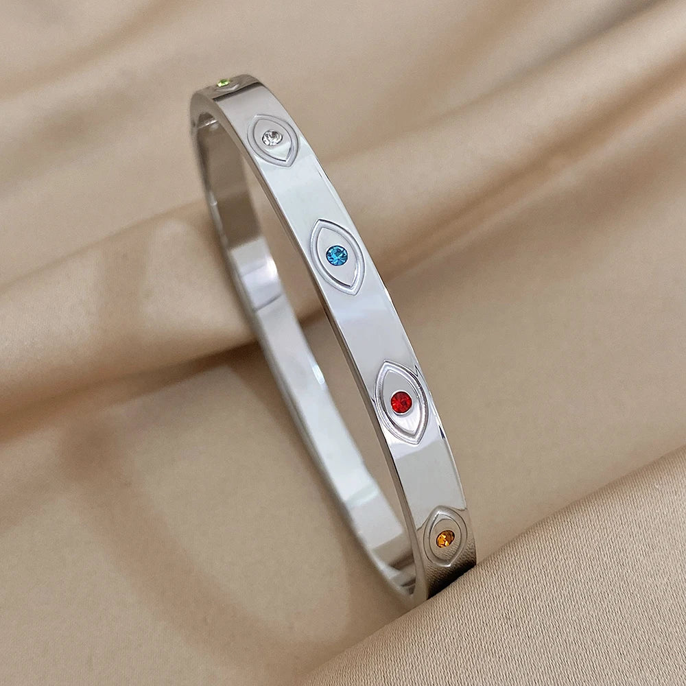 Exquisite Stainless Steel Evil Eye Charm Bracelet with Hollow Design & Rhinestones
