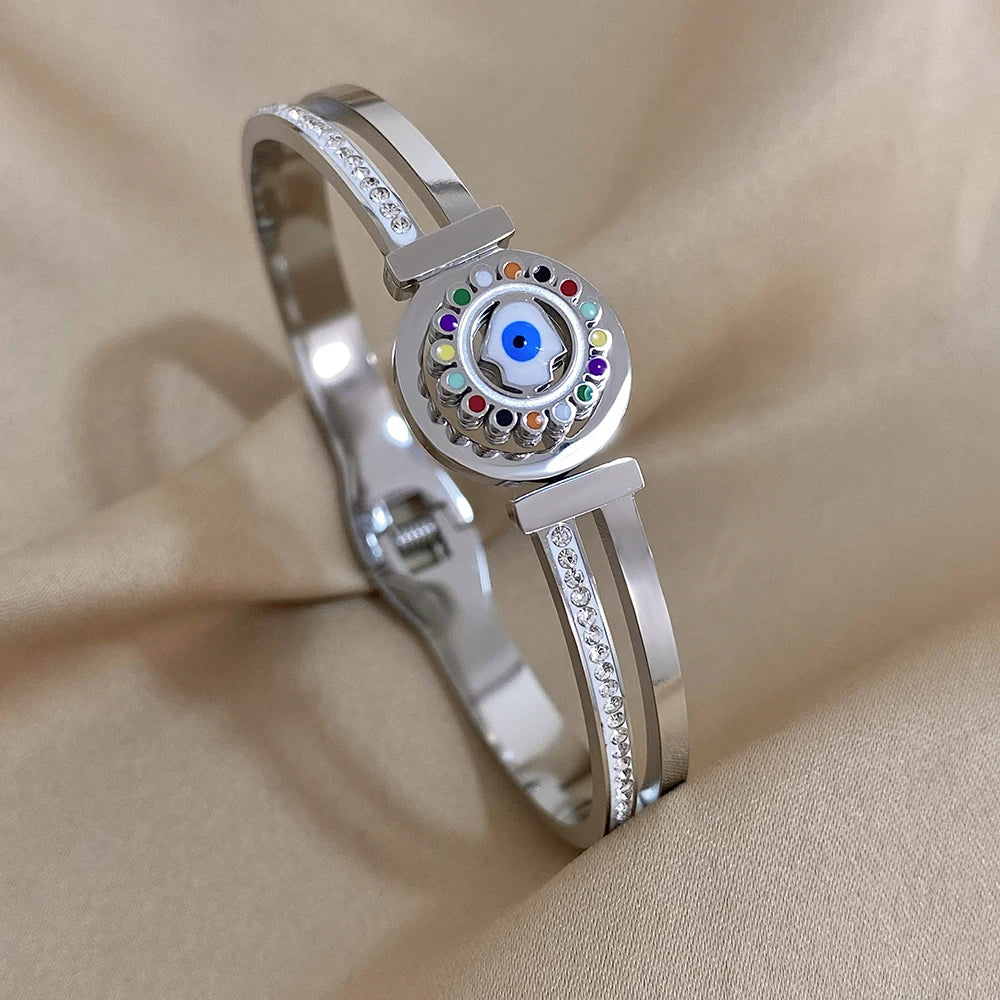 Exquisite Stainless Steel Evil Eye Charm Bracelet with Hollow Design & Rhinestones