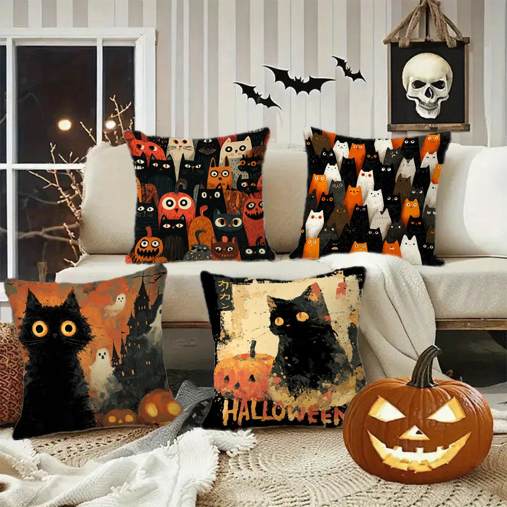 🎃 Halloween Cat Pattern Pillowcase 🐱 | Decorative Cushion Cover for Sofa, Car & Bedroom 🏡