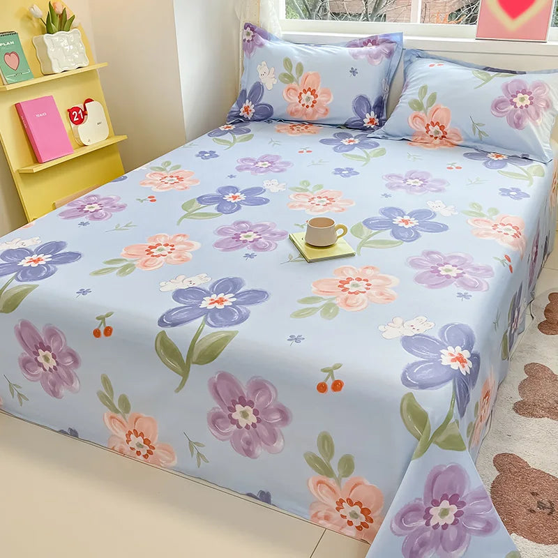 🌸 1-Piece 100% Cotton Flower Print Bed Sheet – Single/Double/Queen/King Size, Kids & Adults Bedding