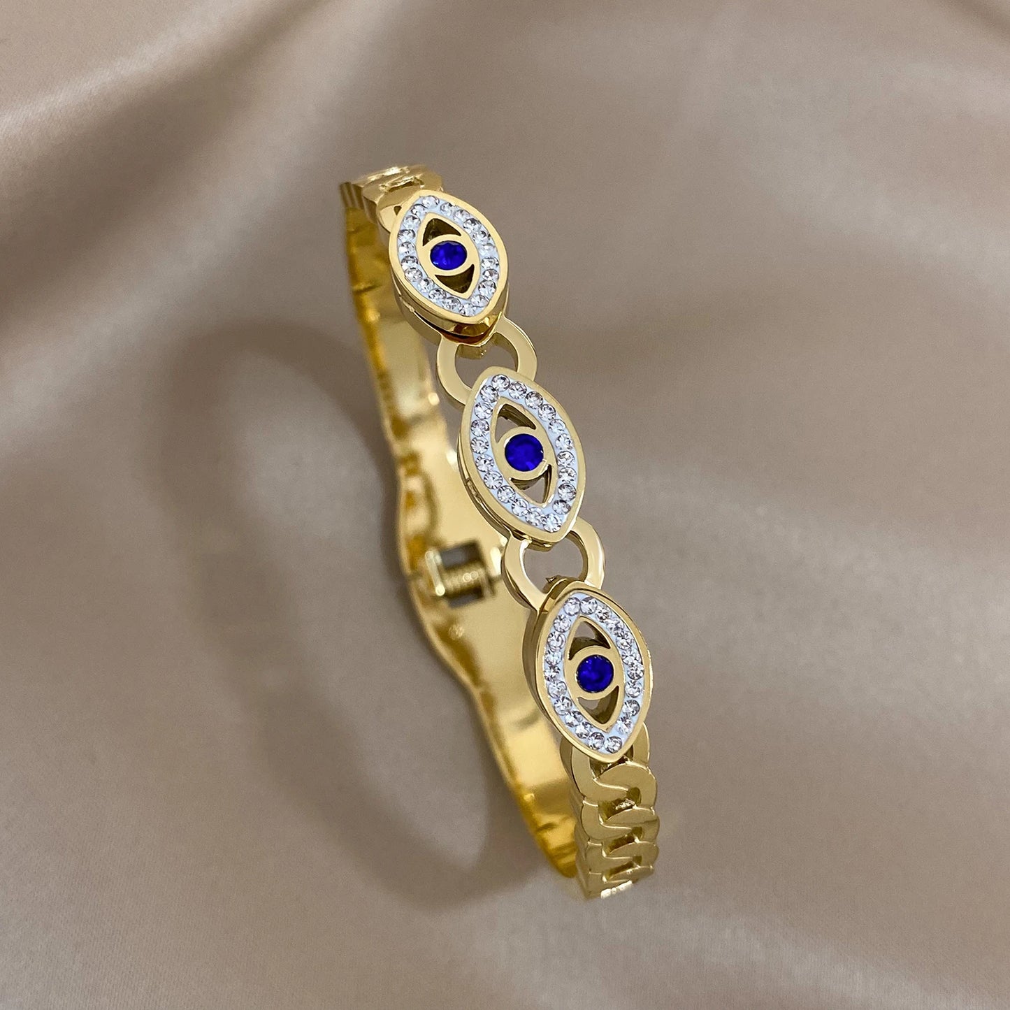 Exquisite Stainless Steel Evil Eye Charm Bracelet with Hollow Design & Rhinestones