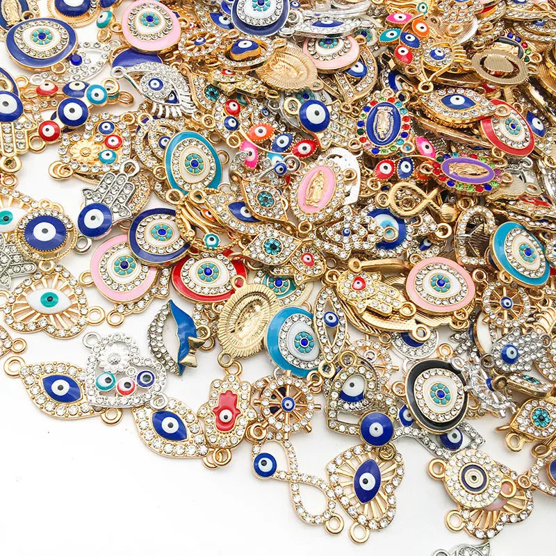 Blue Evil Eye Talismans with Sparkling Crystals – Protection Amulet Charms for Jewelry Making & Home Décor