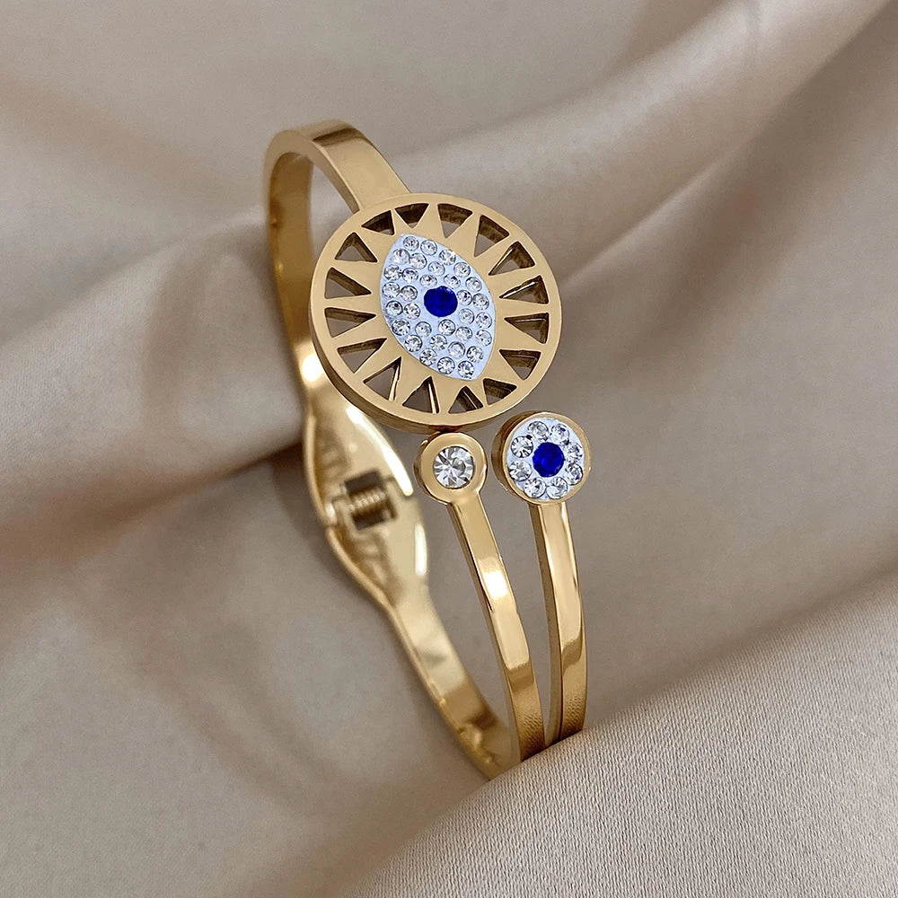 Exquisite Stainless Steel Evil Eye Charm Bracelet with Hollow Design & Rhinestones