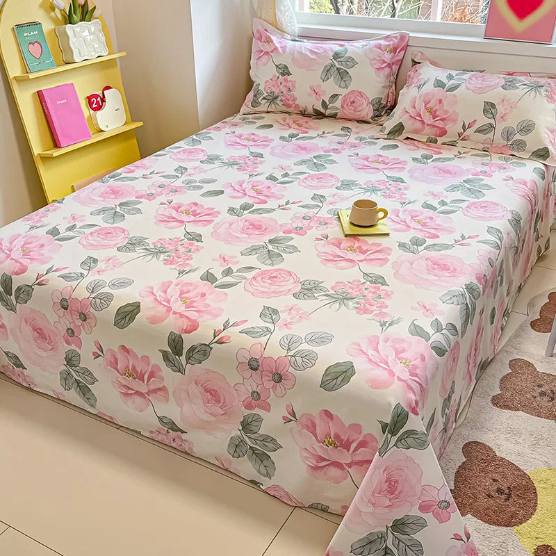 🌸 1-Piece 100% Cotton Flower Print Bed Sheet – Single/Double/Queen/King Size, Kids & Adults Bedding