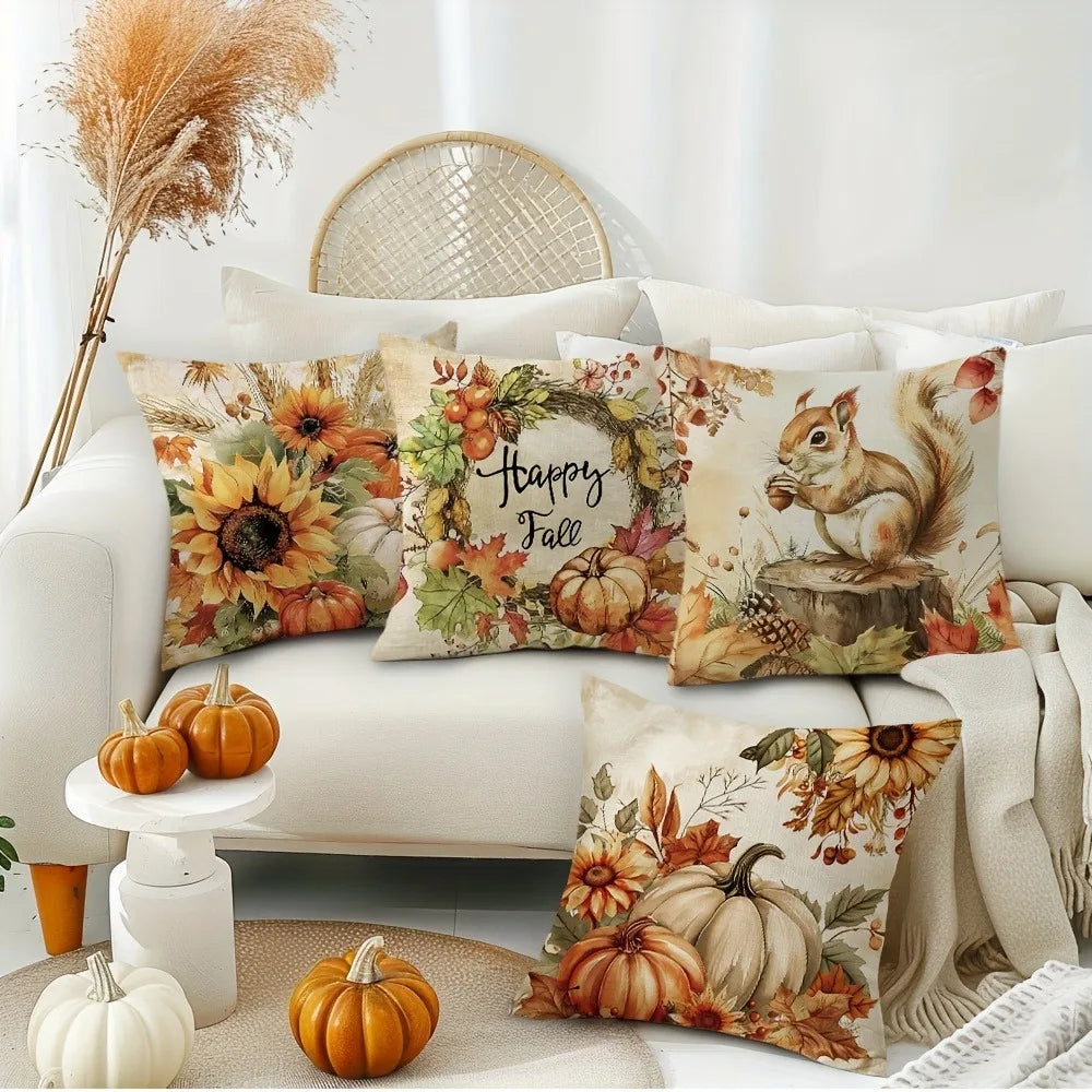 🐿️ Autumn-Themed Squirrel & Pumpkin Pillow Covers 🎃