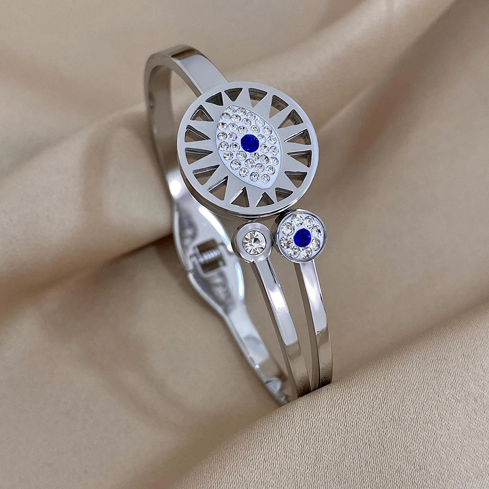 Exquisite Stainless Steel Evil Eye Charm Bracelet with Hollow Design & Rhinestones