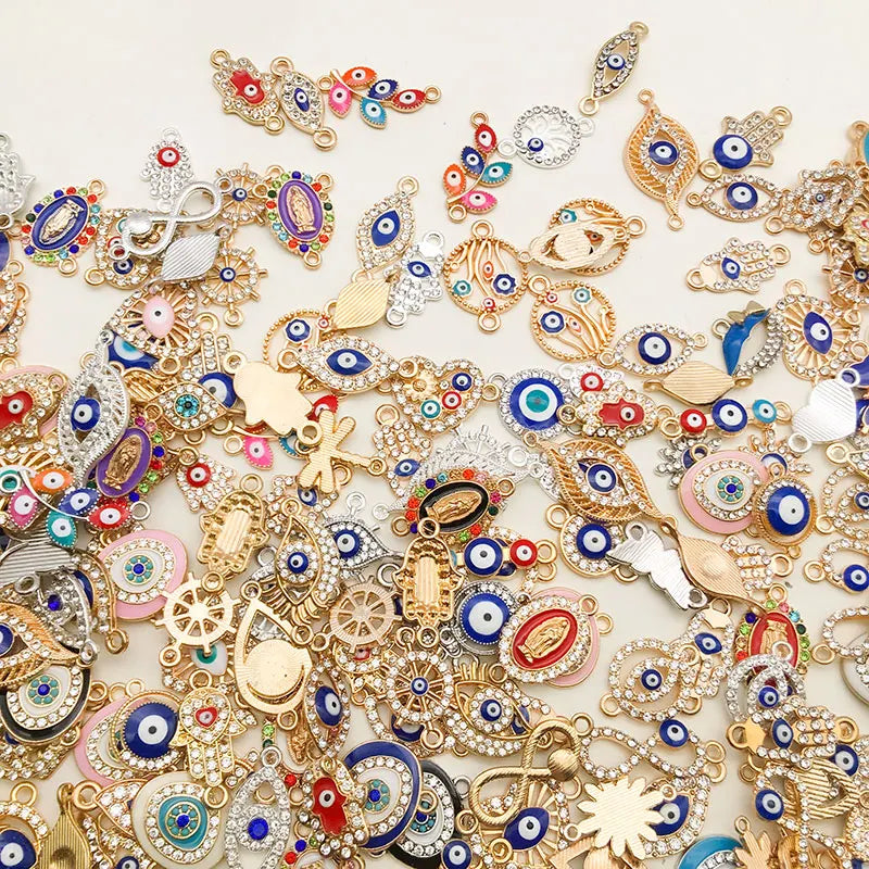 Blue Evil Eye Talismans with Sparkling Crystals – Protection Amulet Charms for Jewelry Making & Home Décor