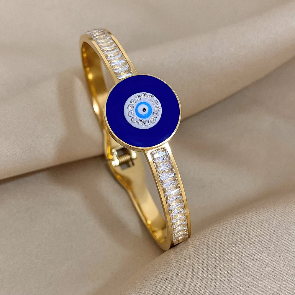 Exquisite Stainless Steel Evil Eye Charm Bracelet with Hollow Design & Rhinestones