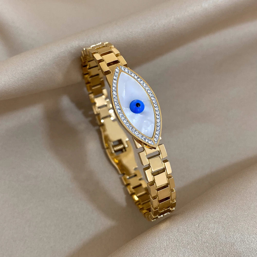 Exquisite Stainless Steel Evil Eye Charm Bracelet with Hollow Design & Rhinestones