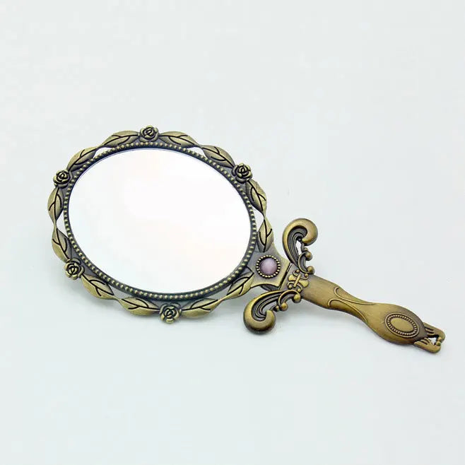 "Vintage Metal Handheld Makeup Mirror – Mini Folding Compact Mirror with Long Handle, Elegant Cosmetic Mirror for Women