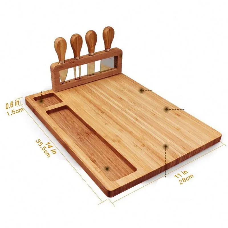 Large Bamboo Cheese Board Set – Wooden Serving Tray with 4 Knives & Cutting Board