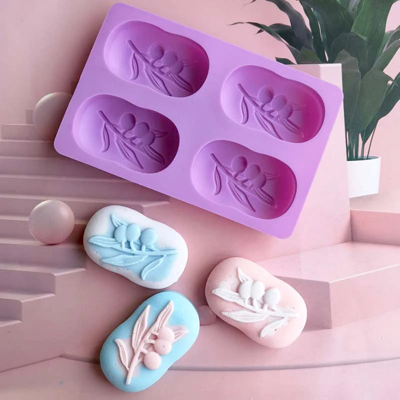 DIY Oval Soap Mold – 4-Cavity Silicone Olive Tree Design for Crafts & Candles