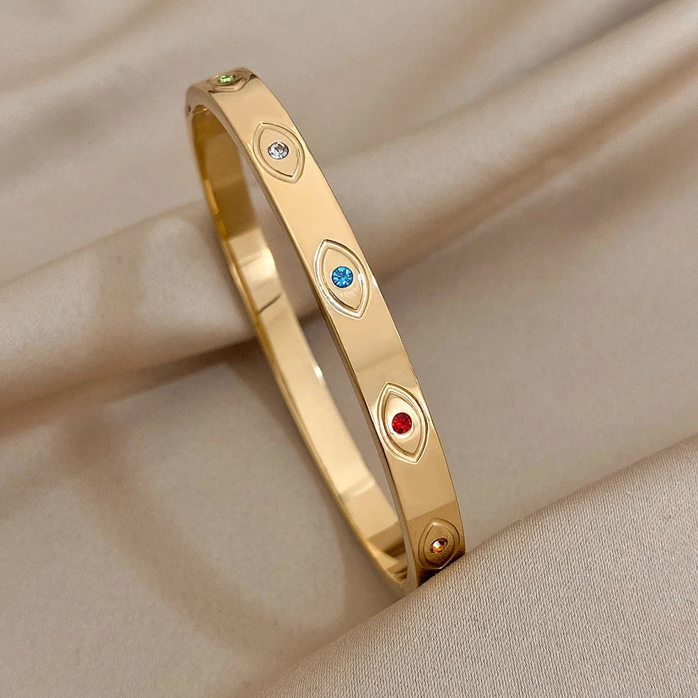 Exquisite Stainless Steel Evil Eye Charm Bracelet with Hollow Design & Rhinestones