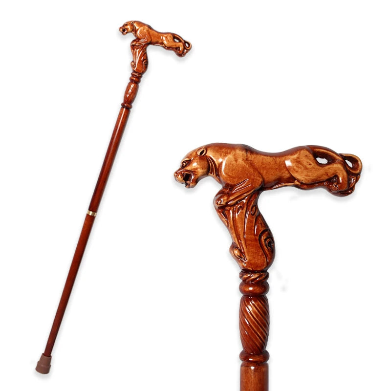 95cm Wooden Walking Stick – Beech Cane with Leopard, Eagle-Head, Owl Handle – Fashionable Canes for Men & Women, Christmas Gift