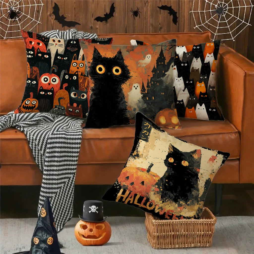 🎃 Halloween Cat Pattern Pillowcase 🐱 | Decorative Cushion Cover for Sofa, Car & Bedroom 🏡