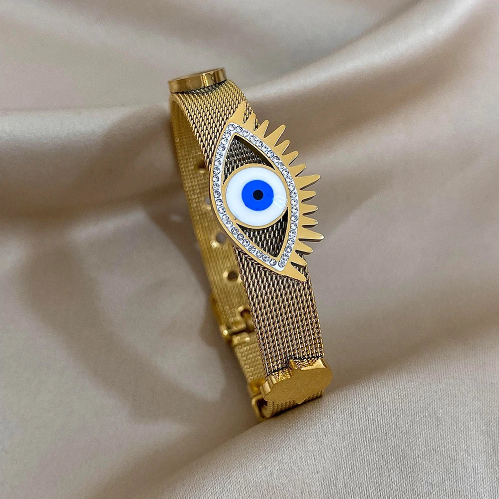 Exquisite Stainless Steel Evil Eye Charm Bracelet with Hollow Design & Rhinestones